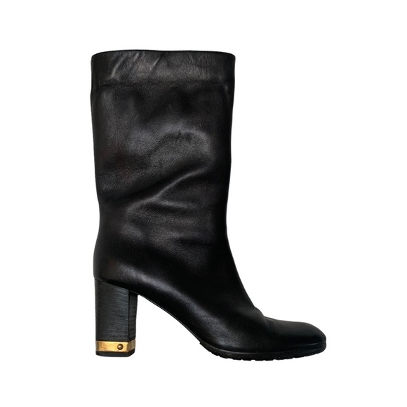 Dyva Black Gold Heeled High Leather Boots 38 - Picture 1 of 12